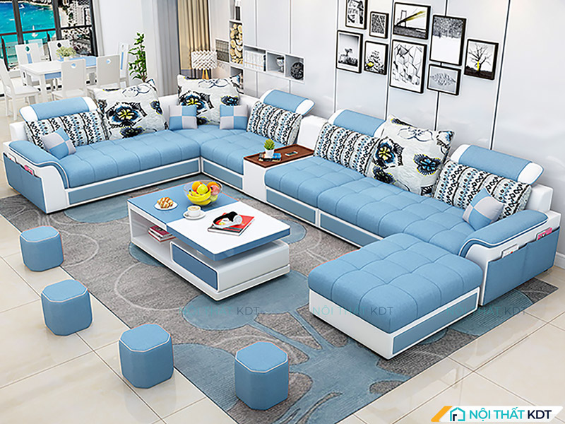 Mẫu sofa nỉ góc chữ U S30U có thiết kế hiện đại, trẻ trung, bọc vải nỉ mềm mại với màu xanh da trời tươi mát