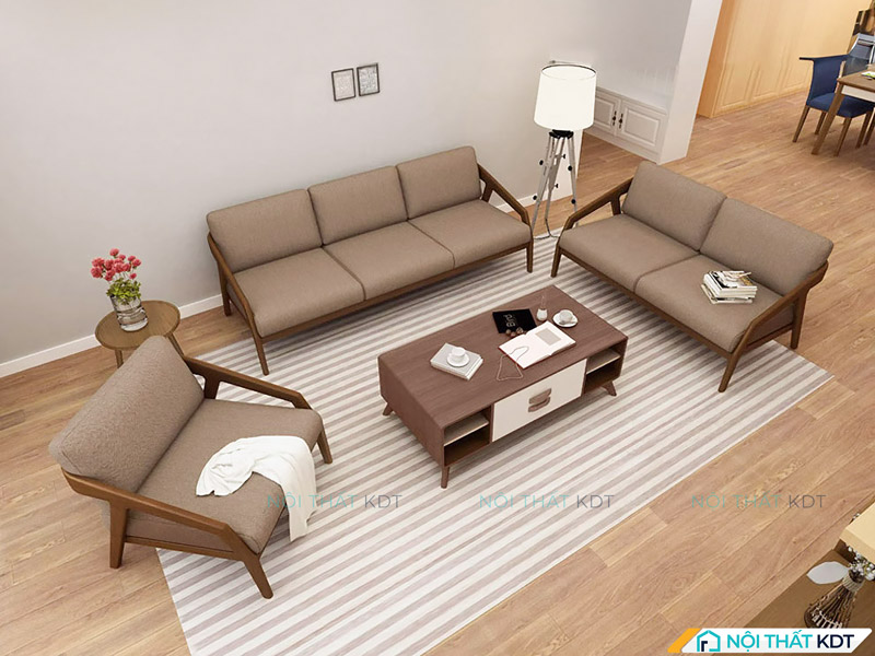 Bộ ghế sofa văng gỗ sồi tay mỏng nhỏ gọn màu nâu be cùng tone với tường
