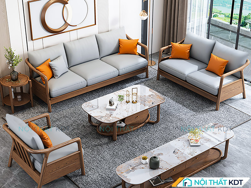Bộ sofa gỗ sồi chung cư chất liệu bằng đệm nỉ kiểu dáng trẻ trung tại Nội thất KDT