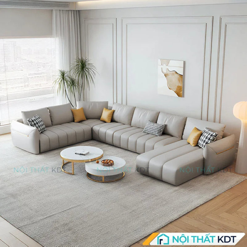 Sofa da chữ U S218-U màu xám lý tưởng cho gia đình đông người