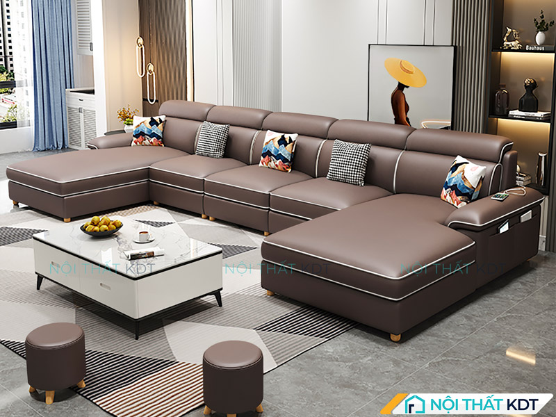 Sofa da màu óc chó góc chữ U mang đến không gian tiếp khách rộng rãi