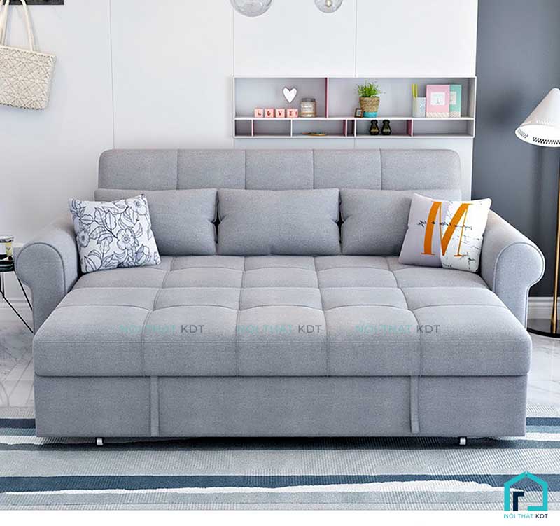 Sofa giường S14 màu xám nhạt sang trọng, nổi bật với kiểu dáng tân cổ điển kết hợp với chất liệu nỉ cao cấp