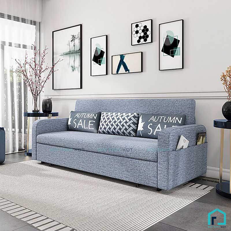 Sofa giường S15 màu xanh ghi sáng, kiểu dáng tối giản, nhấn nhá bằng những đường may tinh tế