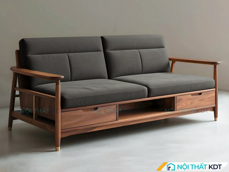 Sofa gỗ màu đen S470 dáng văng có ngăn kéo hợp mệnh Mộc