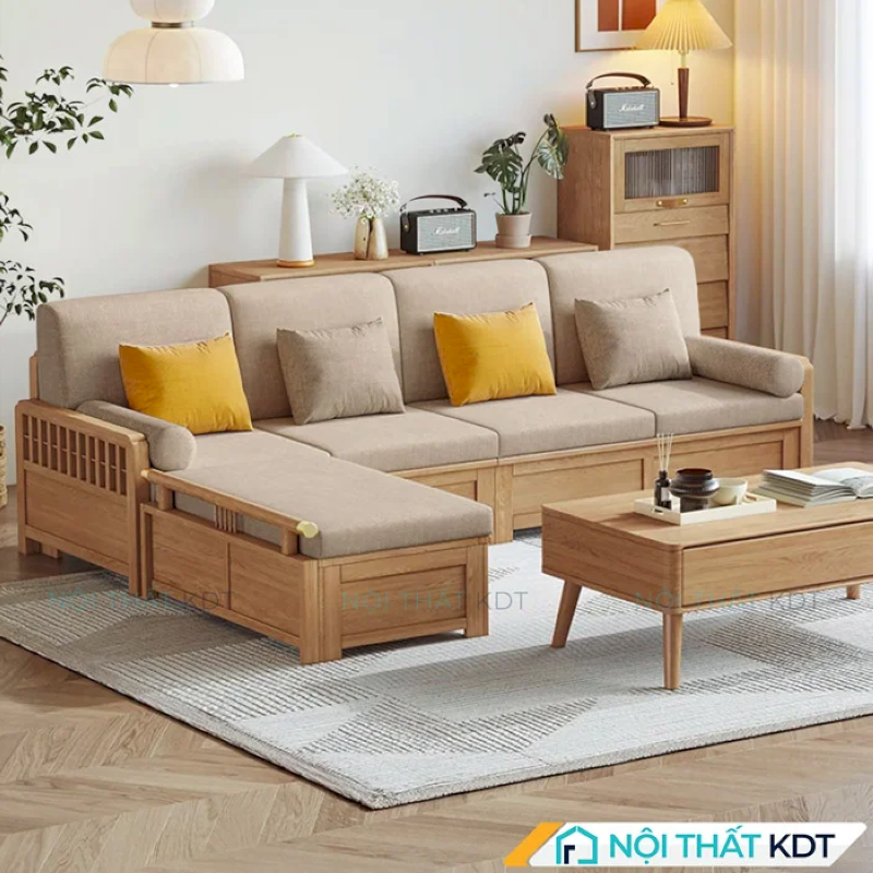 Sofa gỗ S232 màu be mang phong cách Á Đông tinh tế, điểm nhấn ấm cúng và sang trọng cho không gian phòng khách