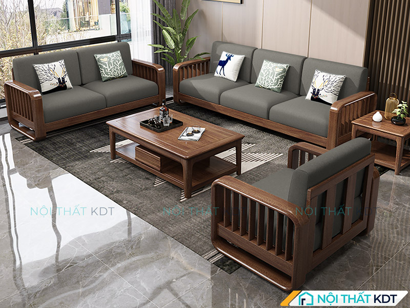 Sofa gỗ sồi Nga dáng chữ U S274-U được thiết kế tay vịn thanh thoát và điểm xuyết gối tựa họa tiết nhẹ nhàng