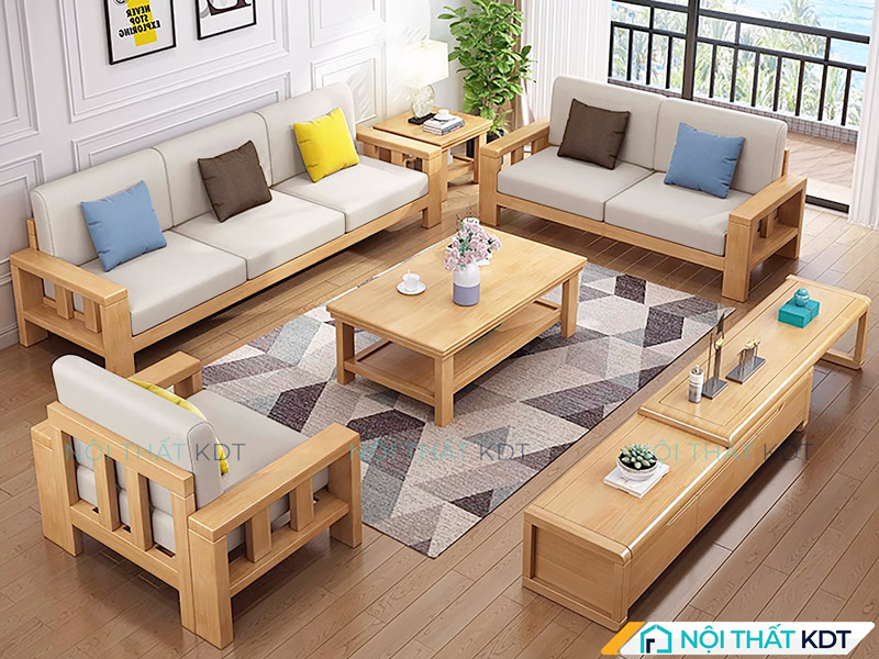 Sofa gỗ sồi Nga dáng chữ U S300-U có vân gỗ tự nhiên nổi bật, góp phần nâng tầm không gian sống