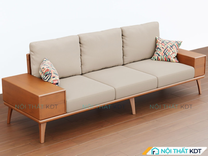 Sofa gỗ sồi Nga dáng văng dài S296V kết hợp giữa khung gỗ và đệm mút bọc vải, tạo sự êm ái khi sử dụng