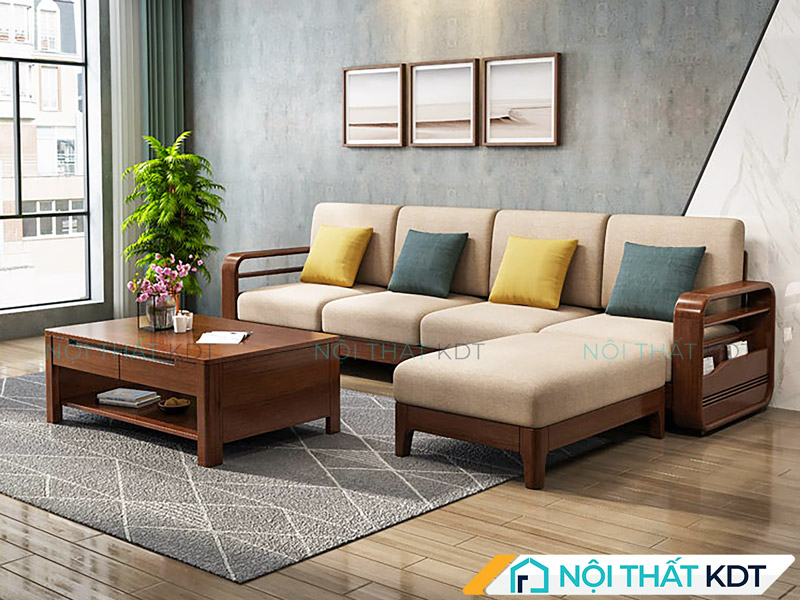 Sofa gỗ sồi Nga góc chữ L S178-L4 được thiết kế với đệm nỉ êm ái và tay vịn đa năng có ngăn để đồ