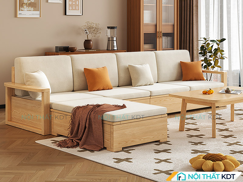 Sofa gỗ sồi Nga góc chữ L S235-L4 nổi bật trong không gian phòng khách hiện đại