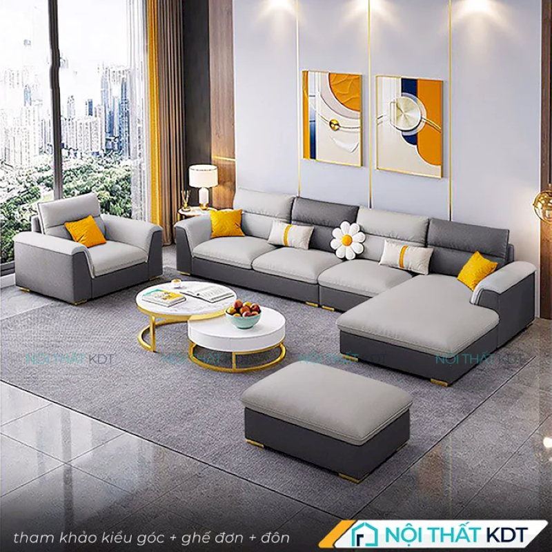 Sofa nỉ góc L S403 với sự kết hợp màu sắc xám nhạt - xám đậm tinh tế, mang lại vẻ đẹp hiện đại cho phòng khách gia đình bạn