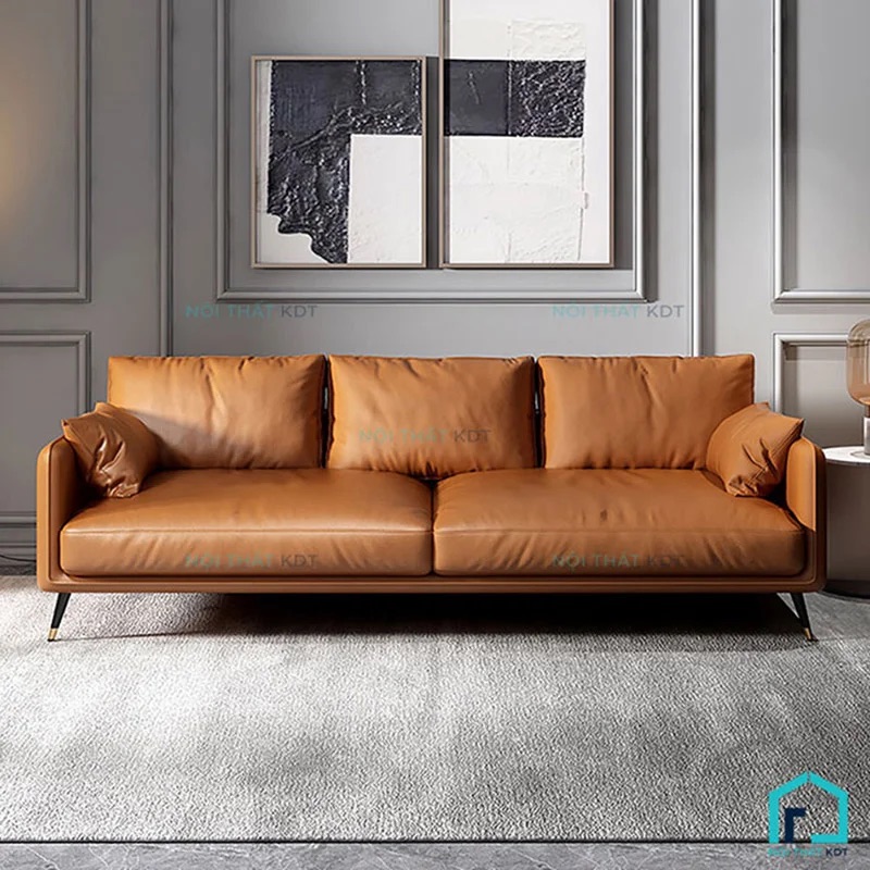 Sofa văng da S111 màu nâu, kiểu dáng văng tay siêu mỏng