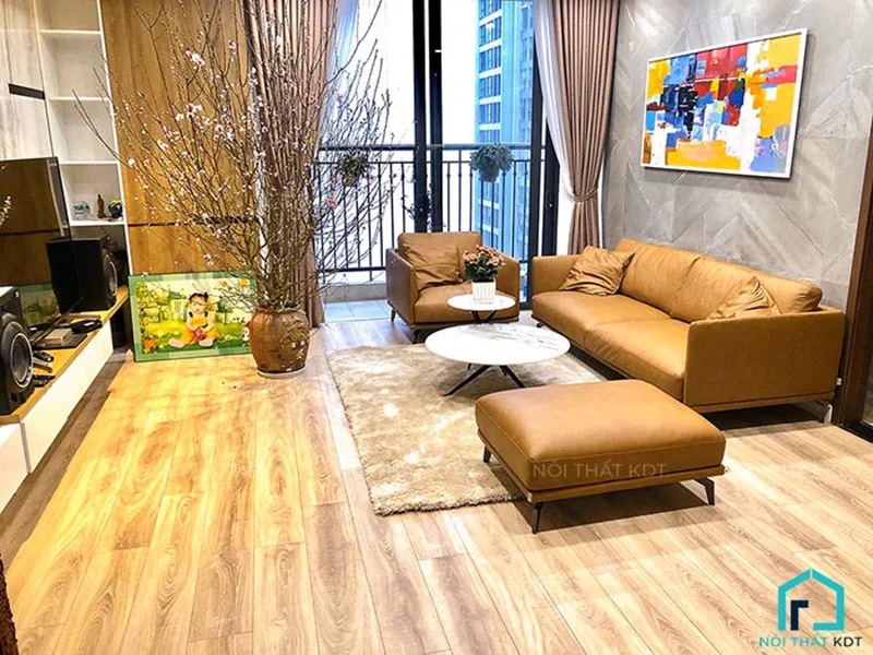 Sofa văng da S112 màu nâu be, kiểu dáng văng nhỏ gọn tiết kiệm diện tích