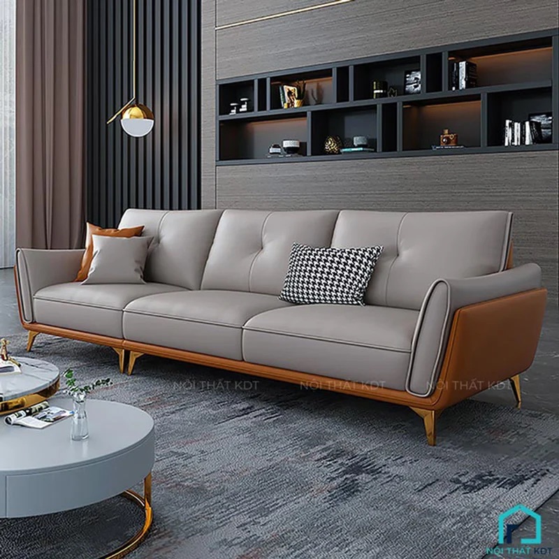 Sofa văng da S202 màu xám viền nâu, kiểu dáng văng 3 chỗ ngồi sang trọng hiện đại