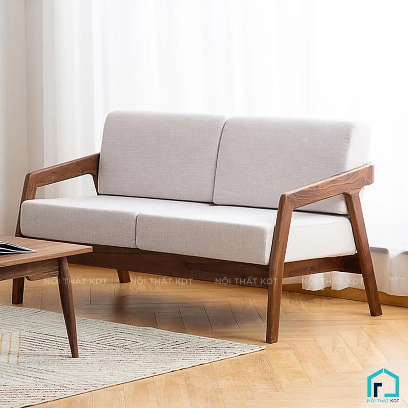 Sofa văng gỗ S177 màu gỗ tự nhiên, kiểu dáng văng tay mỏng nhỏ gọn