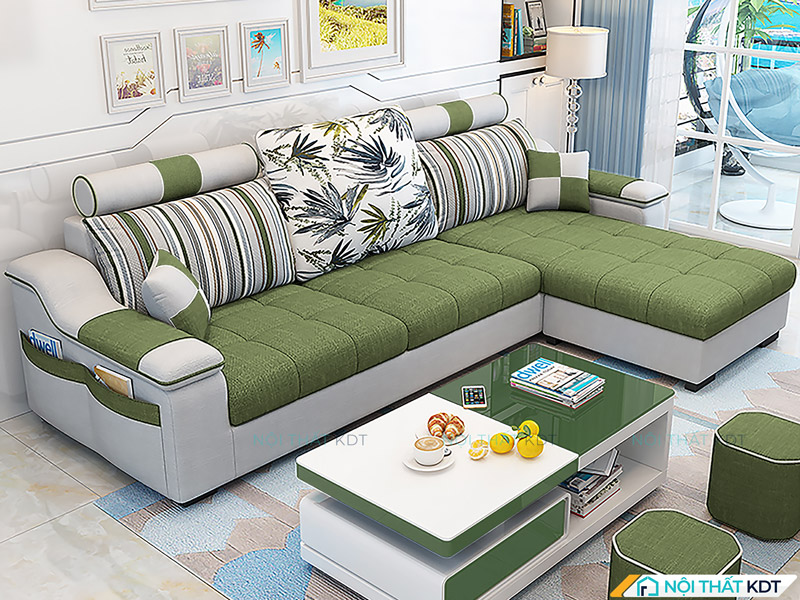 Tận dụng tối đa không gian với sofa nỉ góc chữ L S39 màu xanh cốm, thiết kế tiện lợi và phong cách cho mọi phòng khách