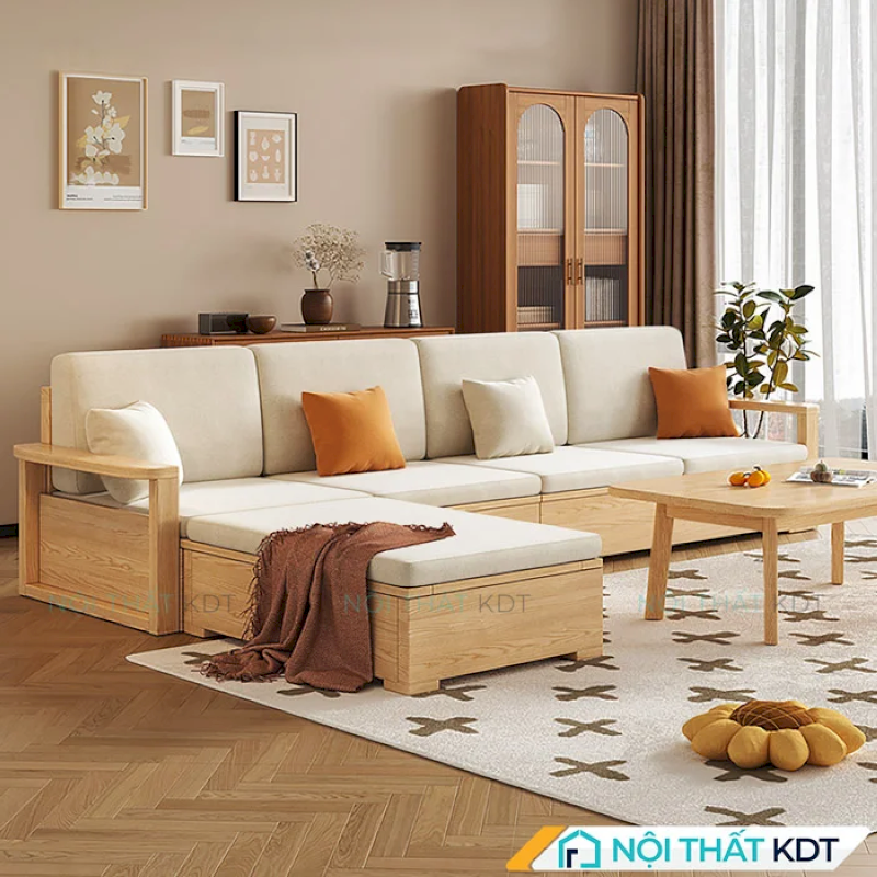 Trải nghiệm sự tiện nghi và hiện đại với sofa gỗ S235-L4 chữ L, tích hợp ngăn chứa đồ thông minh giúp tối ưu không gian