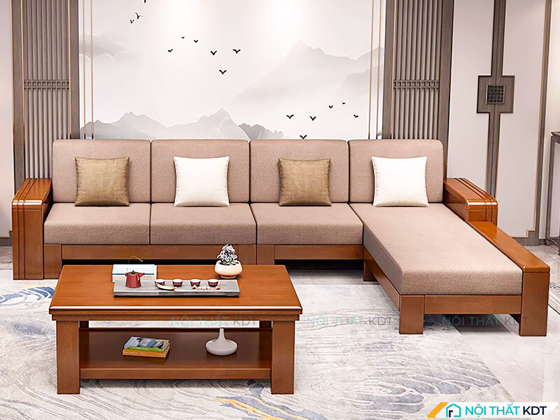 Phòng khách sang trọng với sofa gỗ sồi S336 được sơn màu cánh gián ấm áp