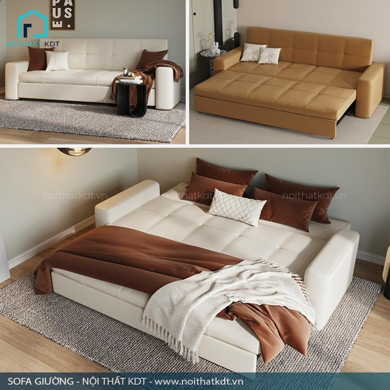 Sofa da tích hợp giường tay vuông tạo không gian ấm áp 