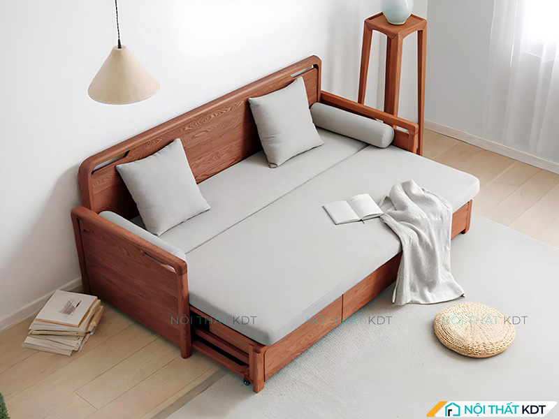 Sofa giường gỗ S34 tay vịn mỏng tinh tế 