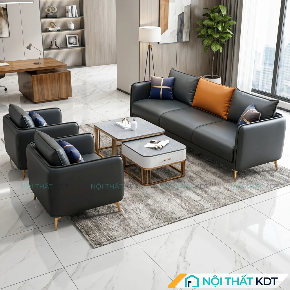 Bộ sofa văn phòng màu đen bọc da S529