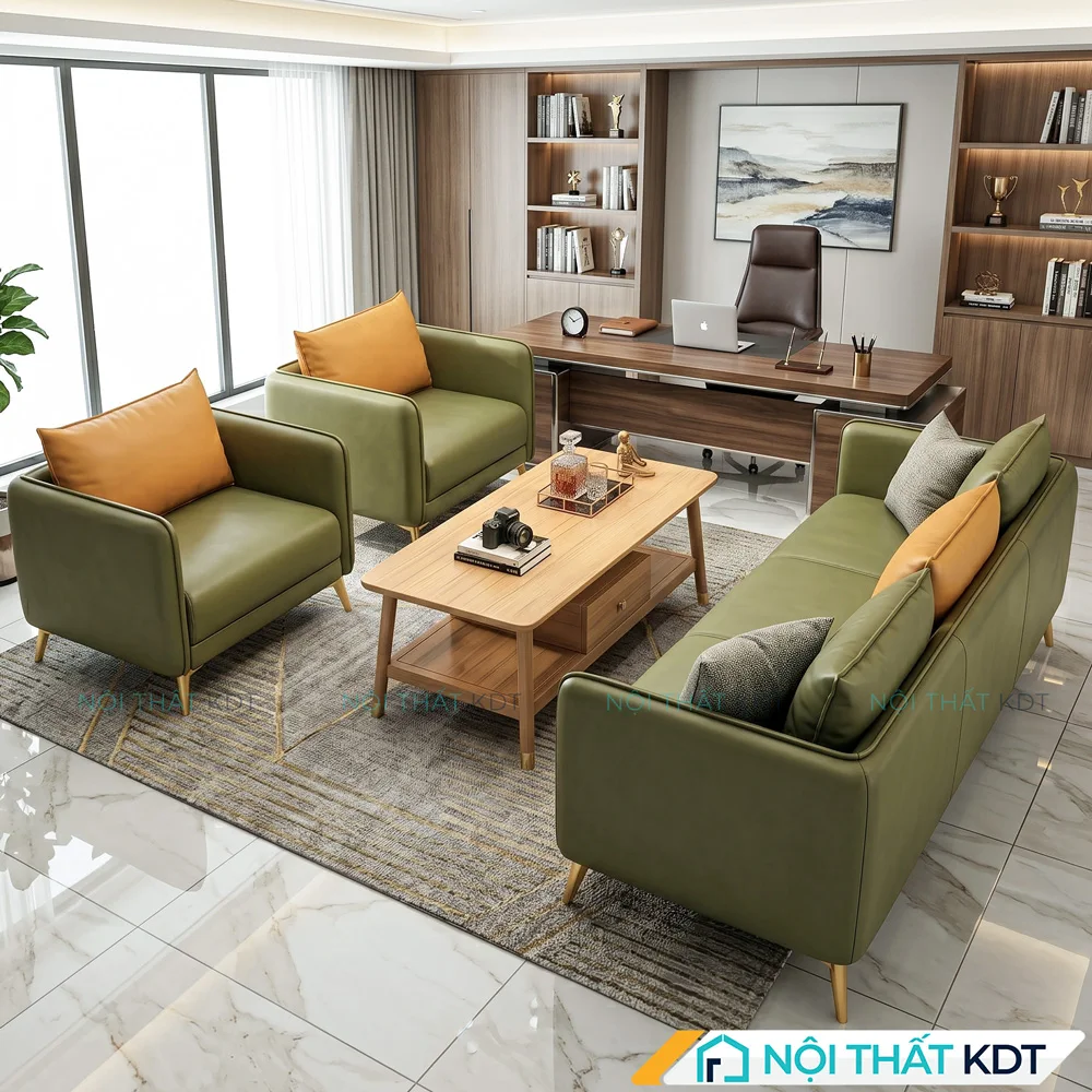 Bộ sofa văn phòng bọc da màu xanh rêu S529
