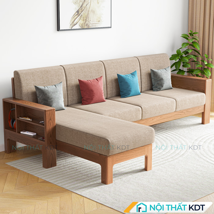Sofa goc go don gian co hoc do S307 mau be