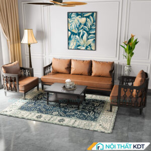 Bo ban ghe sofa go phong cach Indochine S564 da nau