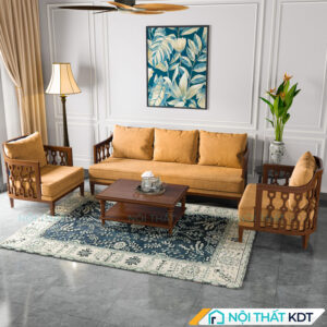 Bo ban ghe sofa go phong cach Indochine S564 ni vang