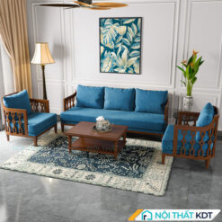 Bo ban ghe sofa go phong cach Indochine S564 ni xanh