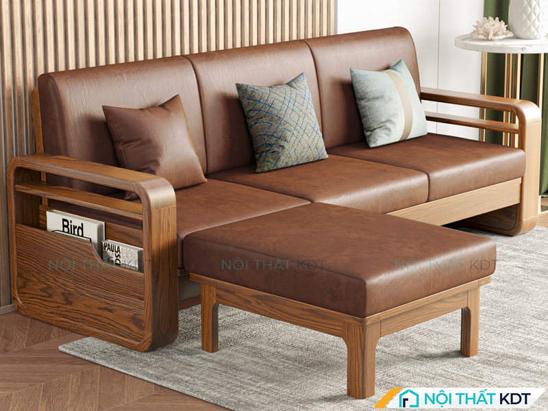 Ghế sofa gỗ góc chữ L tay vịn to rộng và có hộc để đồ tiện lợi. góc ghế có thể tách rời