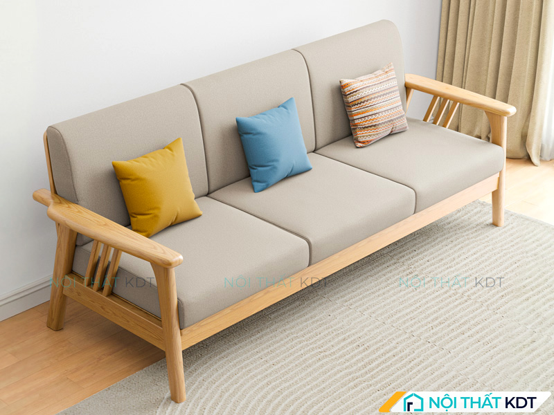 Mẫu sofa văng gỗ sồi chân cao dễ vệ sinh, đệm và gối tựa có thể tháo rời