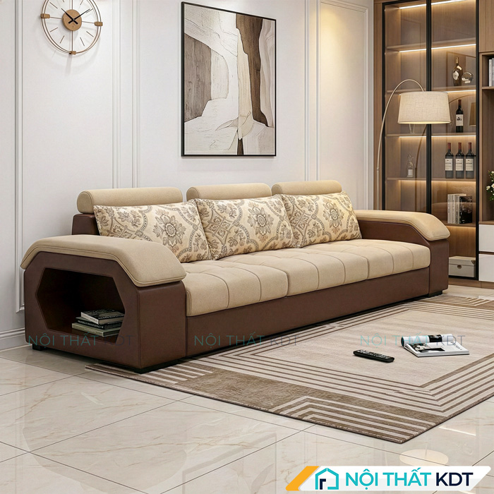 Sofa vang phong khach mau kem va nau