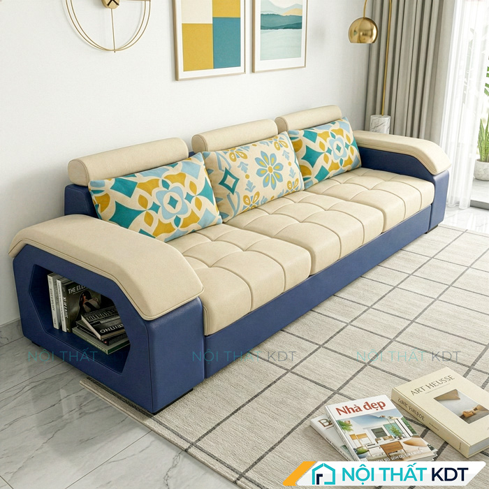 Sofa vang phong khach mau kem va xanh lam