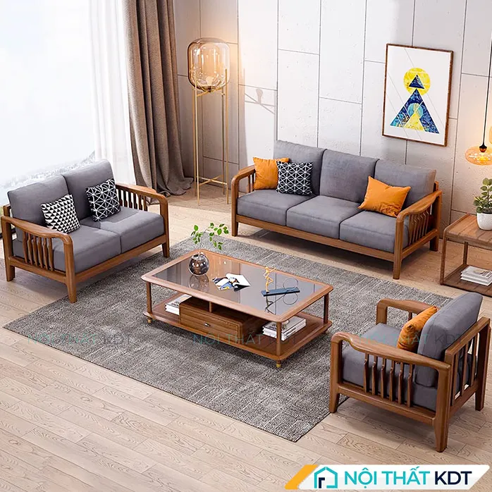 Một mẫu bàn sofa gỗ đẹp làm từ gỗ sồi/gỗ thông chữ U phù hợp phòng khách rộng
