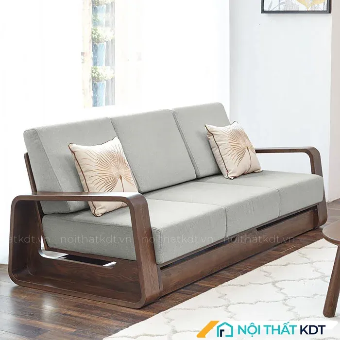 Bộ sofa phòng khách gỗ sồi và gỗ thông đơn giản, tông màu trung tính phù hợp chung cư nhỏ