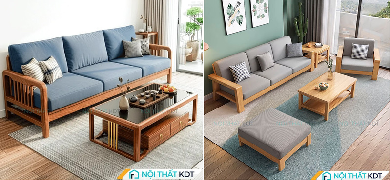 Gợi ý trang trí phòng khách nhà vuông với mẫu bàn sofa gỗ đẹp kết hợp cây xanh, đồ decor nhỏ