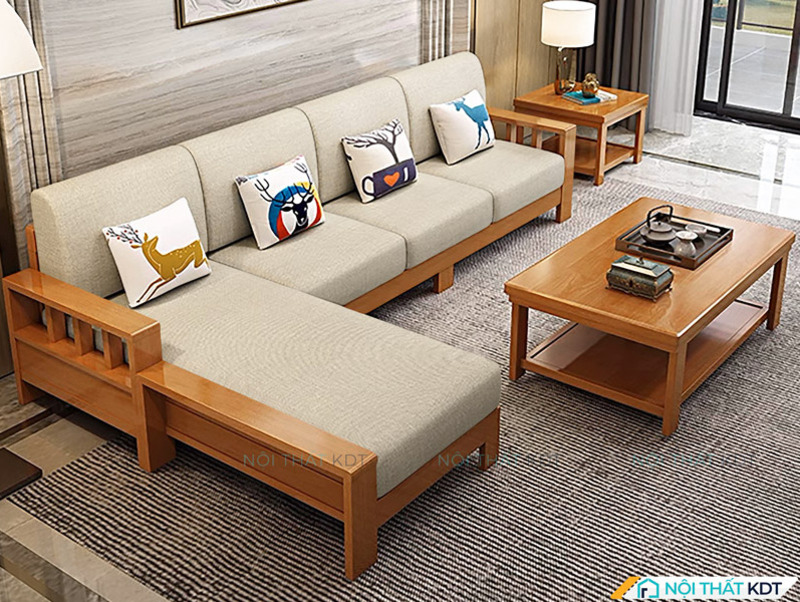 Một mẫu sofa gỗ chữ L nhỏ gỗ sồi với thiết kế tinh tế, hiện đại
