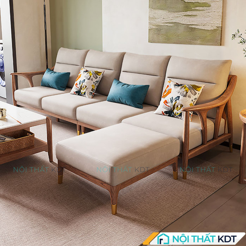 Gợi ý mẫu sofa gỗ chữ L kết hợp bàn trà gỗ me tây cho phòng khách hiện đại