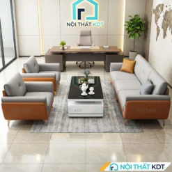 bộ sofa văn phòng bọc da xám nhạt viền cam s202-u