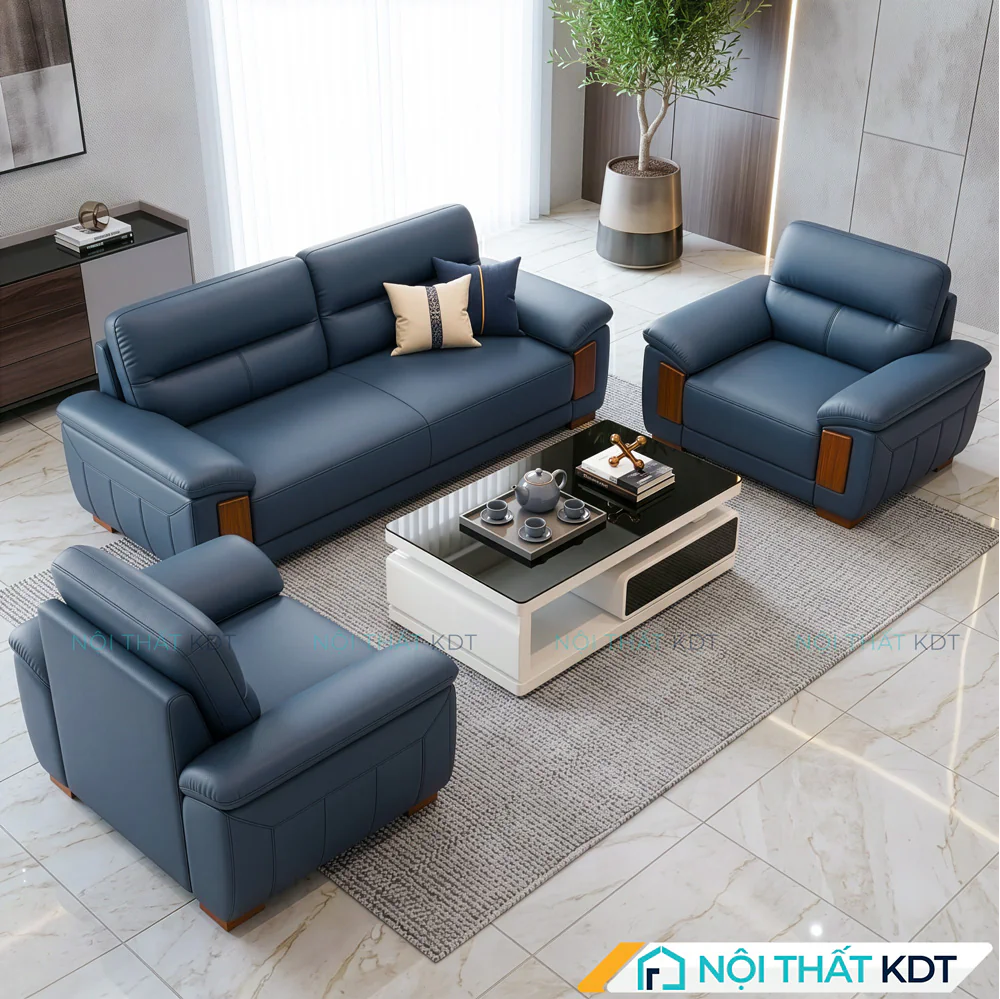 Kết hợp bàn sofa mặt kính màu đen với bộ ghế sofa xanh hiện đại