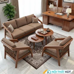 Bộ sofa gỗ phòng giám đốc S177-P đệm nỉ màu nâu
