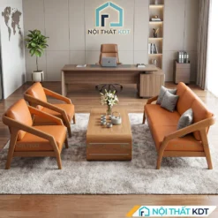 Bộ sofa gỗ văn phòng S177-P bọc da màu da bò