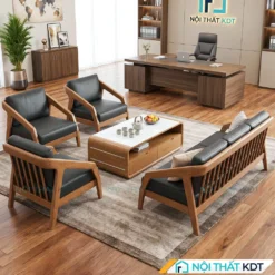 Bộ sofa gỗ văn phòng S177-P đệm da màu đen