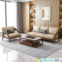 Sofa gỗ văn phòng S177-P đệm bọc da màu kem