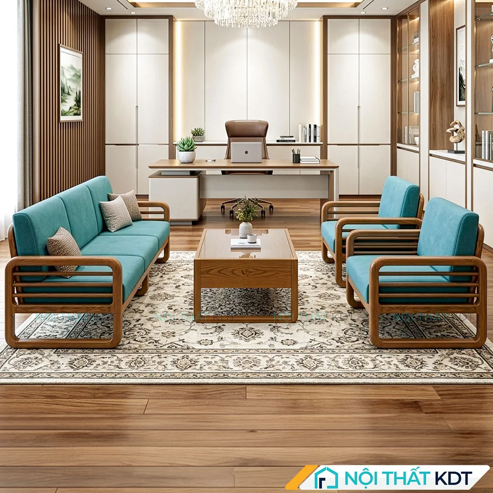 Mẫu sofa tiếp khách công ty S175-P bọc nỉ màu xanh ngọc kết hợp bàn trà gỗ.
