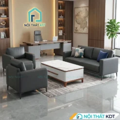 Sofa văn phòng da Cleo S667 xám đậm, sàn gạch bóng.