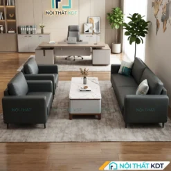 Sofa văn phòng da Cleo S667 xám đậm, sàn gỗ.