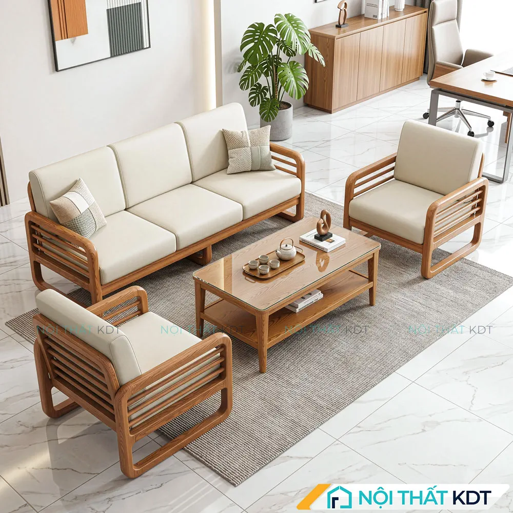 Bộ sofa văn phòng màu kem S175-P kết hợp cùng bàn trà mặt kính chữ nhật.