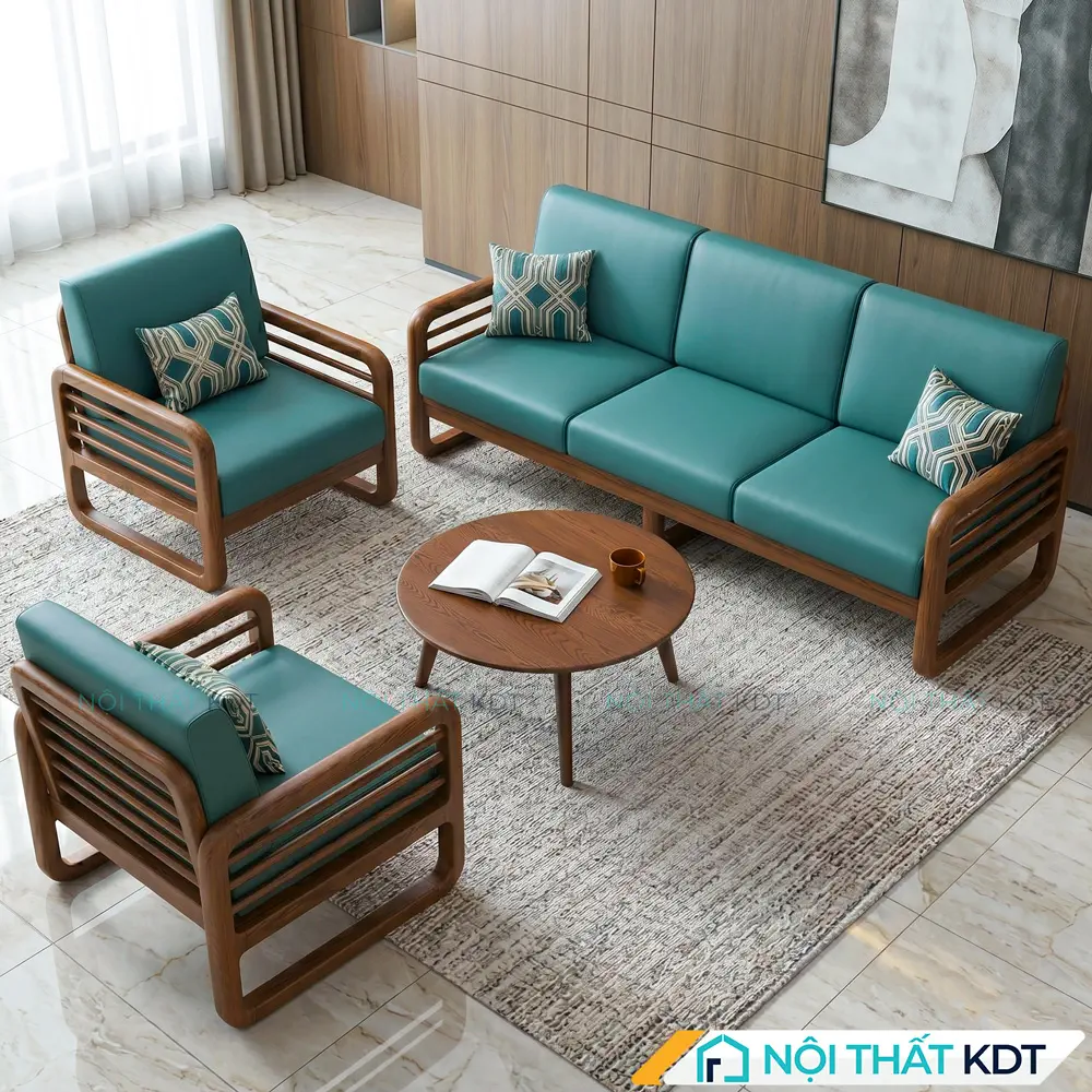 Mẫu sofa tiếp khách công ty S175-P bọc nỉ màu xanh khung gỗ sồi đệm rời.